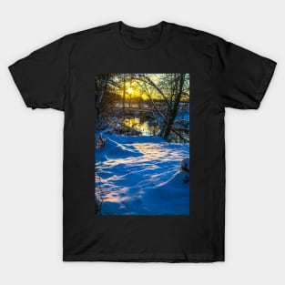 Snow falling on a river with snowy banks T-Shirt